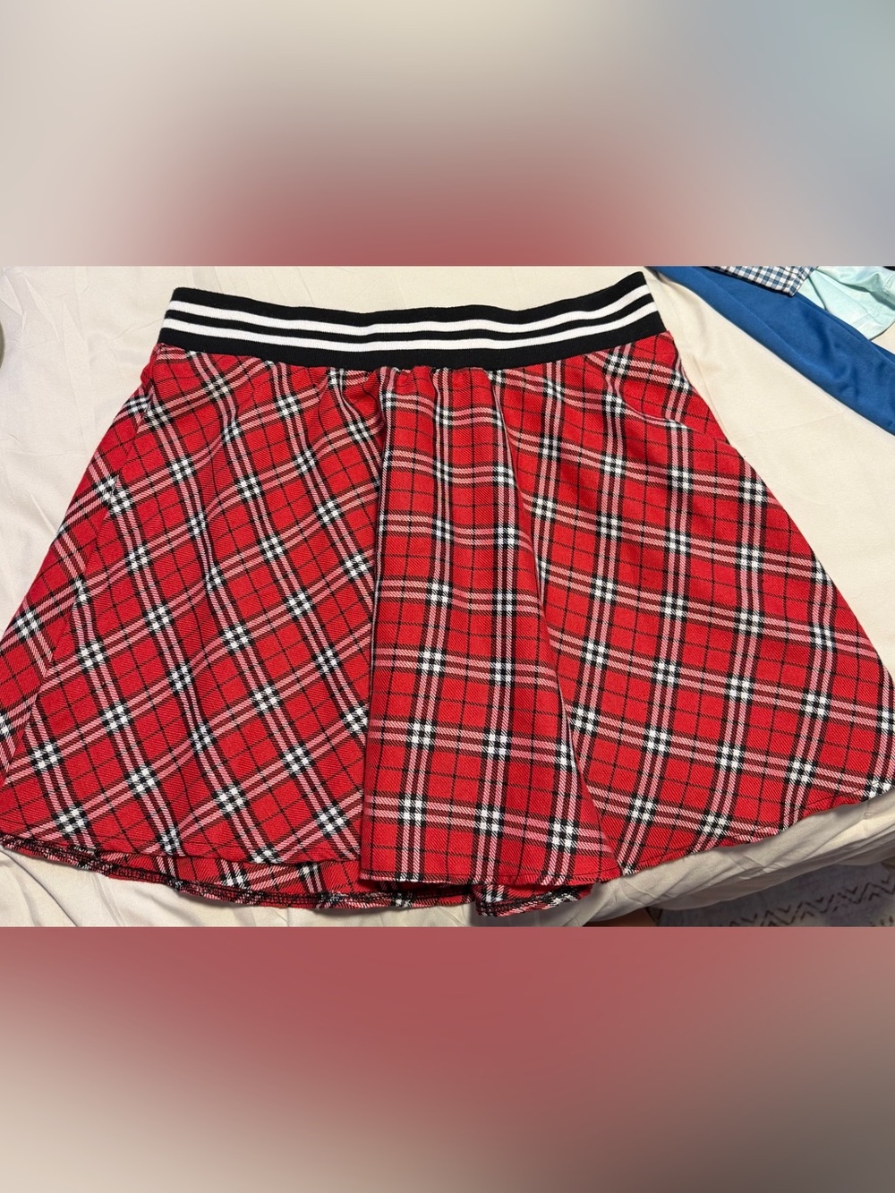 BONGO Red Plaid Skater Skirt with Striped Waistband